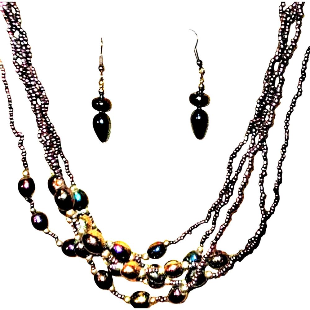 Striking Vintage Iridescent Black Beaded Necklace & Earrings